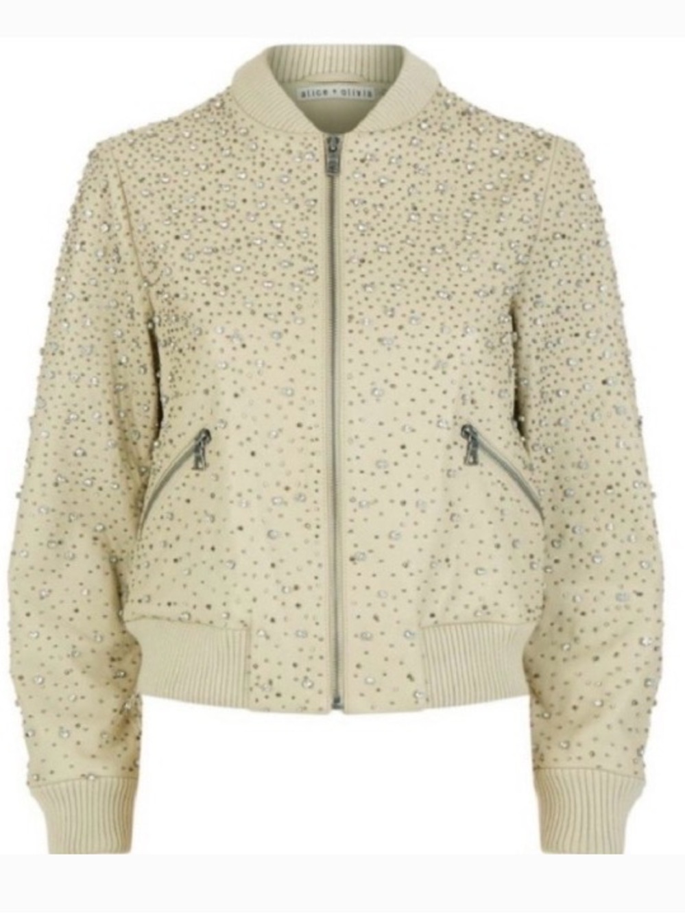 Alice + Olivia Cream Crystal-Embellished Bomber Jacket
